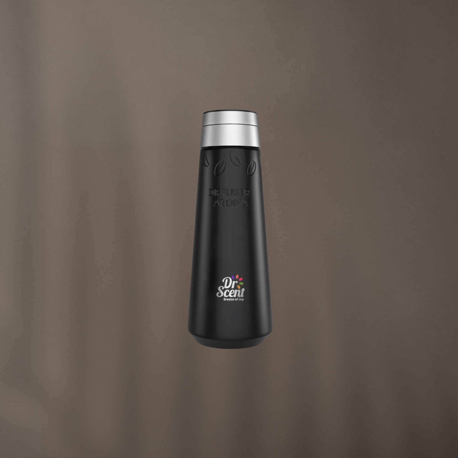 Black Dr Scent bottle of bamboo aroma diffuser oil on a brown background